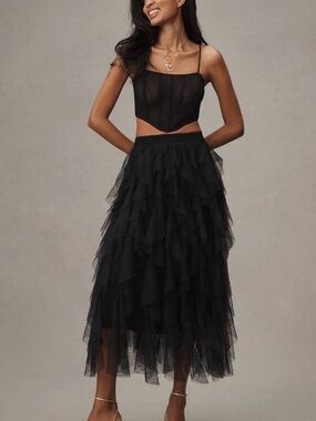 A67 NWT Anthropologie Cherie Black Layered Tulle Maxi Skirt